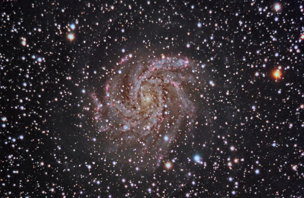 NGC 6946 v4
NGC 6946, a spiral galaxy in Cepheus. Captured with Maxim DL. Calibrated, aligned, combined, and processed in PixInsight, and finished in Photoshop.  A fourth try to get this to look better with better PixInsight skills.
