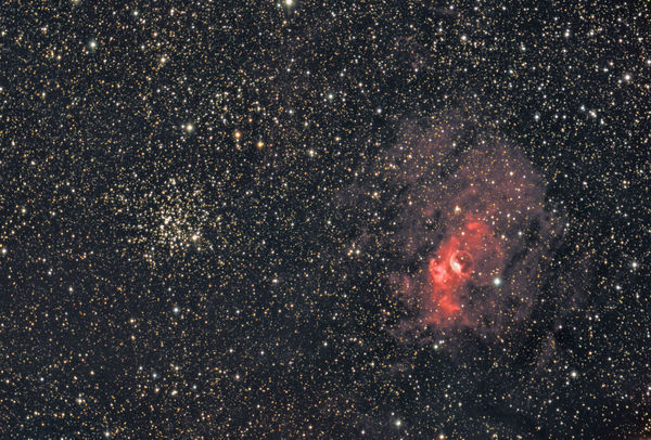Bubble Nebula (NGC 7635) and Friend
The Bubble Nebula (NGC 7635) and open cluster October Salt and Pepper (NGC 7634) in HaLRGB.  Data captured in Maxim DL, calibrated and frames combined in CCDStack, processed in PixInsight and finished in Photoshop.
