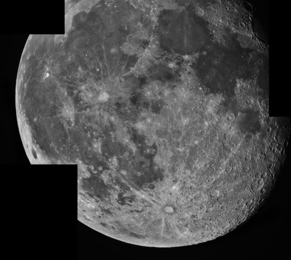 Moon Mosaic January 2010
This three-image mosaic of the Moon was made from images taken with an ST-10, stacked in AviStack, enhanced in PixInsight, and finished in Photoshop.  The mosaic was made in Photoshop CS4 with the photomerge function.
