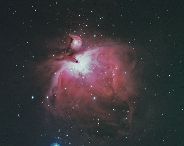 M42 -- Nebula in Orion
The Nebula in Orion, M42, with the trapezium at the center.  Taken in red, green, blue, and hydrogen alpha (Ha).  Processed in Maxim DL, stacked in CCD Stack, color combine and other processing in PixInsight, final touch-up in Photoshop.  This data sat on the hard drive for over two years before I got around to processing it.
