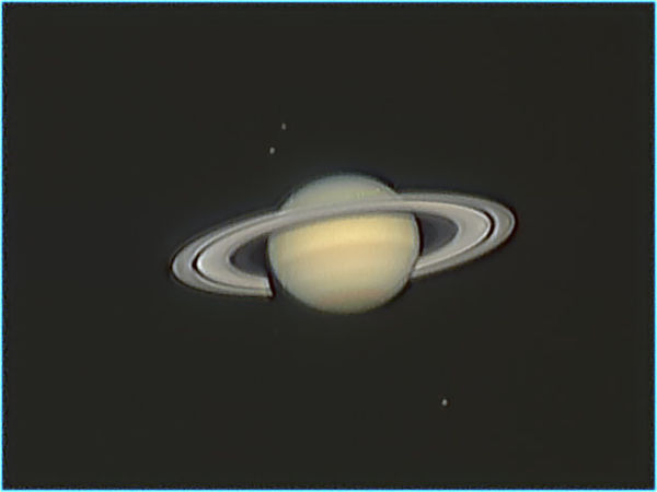 Saturn @ f30, March 31, 2007
Saturn @ f30, processed with Registax v4, color correction and noise reduction in PixInsight, final processing in Photoshop.  The noise correction may be overdone.
