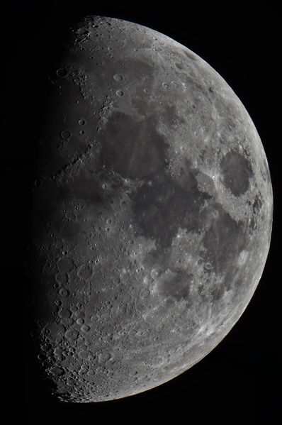 First Quarter Moon August, 2008
The first quarter Moon, the first image taken on the new AP-900 mount.  This is a 3-image mosaic. processed from three 1900 image AVIs in Registax, merged into one image in Photoshop, and processed in PixInsight.  The primary sharpening algorithm was regularized deconvolution.
