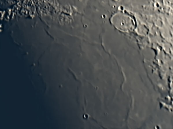 Moon Detail
Moon Detail, taken in Aguanga, this is the first picture posted.  Processed in Registax and PixInsight.  The drive was not working on the old G-5 mount, so I had to keep the image centered manually.
