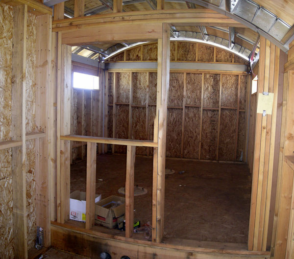 View into Observatory
This panoramic view (excuse the stitching artifacts) shows the view into the observatory from the warm room.  You can also see the top curve of the east wall where it meets the roof.

